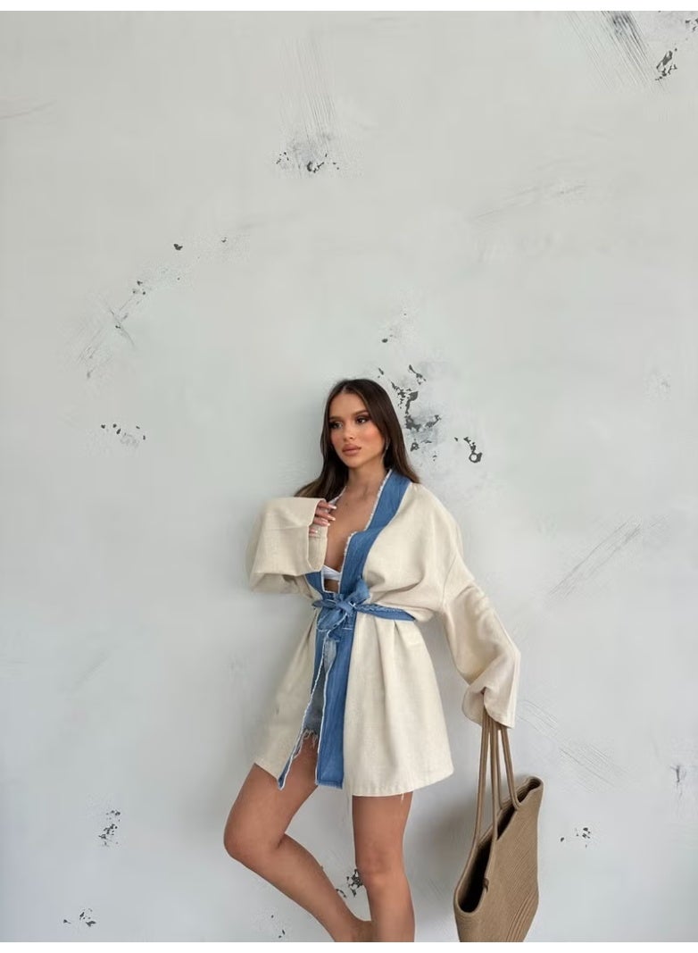 Ded Collection Women's Denim Detailed Linen Summer Kimono with Waist Tie - Image 2